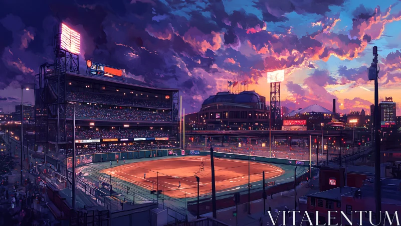 Sunset baseball stadium glows above a sprawling cyber city