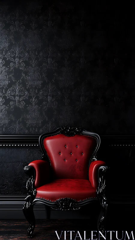 Red leather armchair stands against dark textured wall