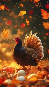 Turkey bird standing among pumpkins and autumn leaves outdoors.