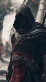 Hooded armored figure stands with glowing red eyes in foggy ruins