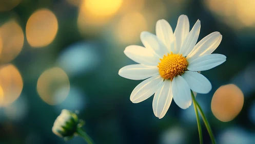 Single daisy in dreamy bokeh light at golden hour.