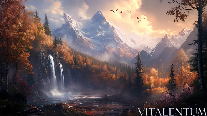 Majestic autumn valley beneath glowing snowcapped peaks.