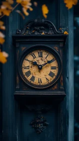 Weathered outdoor wall clock with ornate dark wood case.