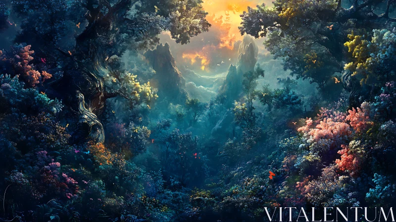 Enchanted Forest Canyon With Golden Sky