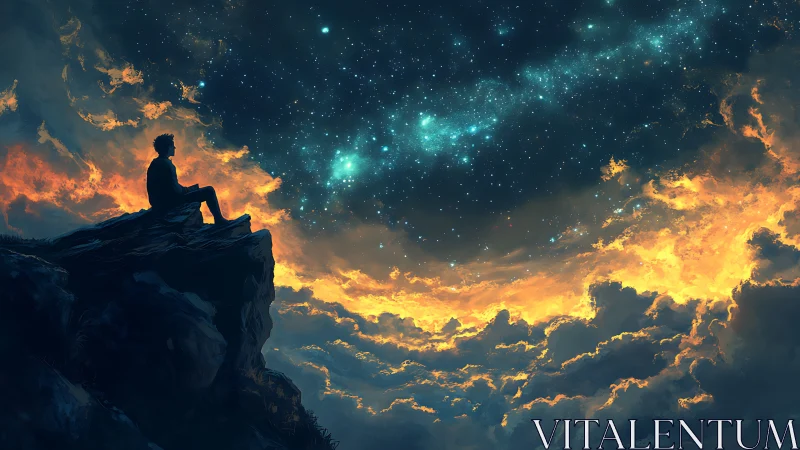 Silhouette sits on cliff edge under luminous star-filled sky