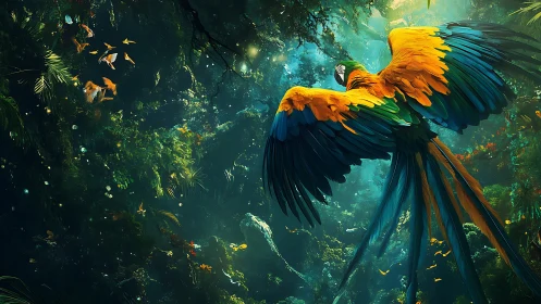 Macaw in dense forest canopy viewed from rear in flight.