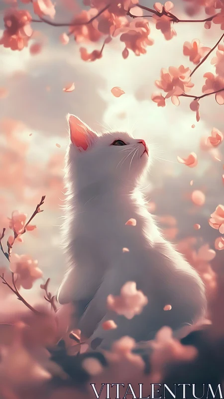 White cat gazes upward amid blooming pink cherry blossoms.