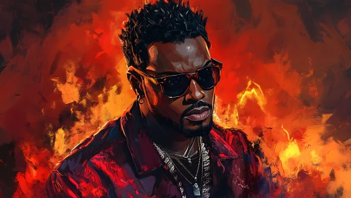 Stylish portrait burns through bold neon firestorm background.