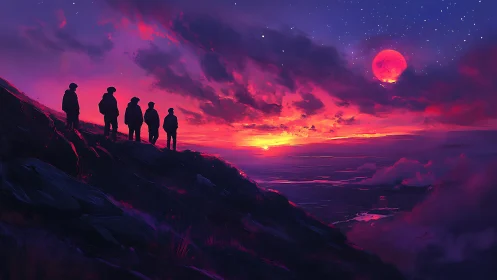Silhouetted hikers watch crimson moon over neon sunset