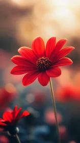Scarlet daisy macro study in warm sunset bokeh field.