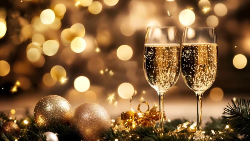 Golden champagne flutes glow amid festive holiday bokeh