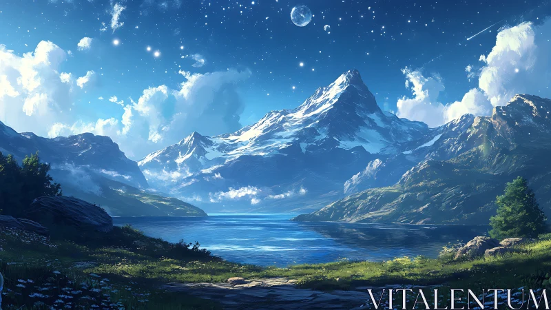 Starlit mountains lean over a glassy lake and whisper dawn