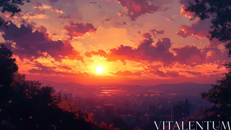 Skyfire sunset spilling over a quiet city of distant lights.