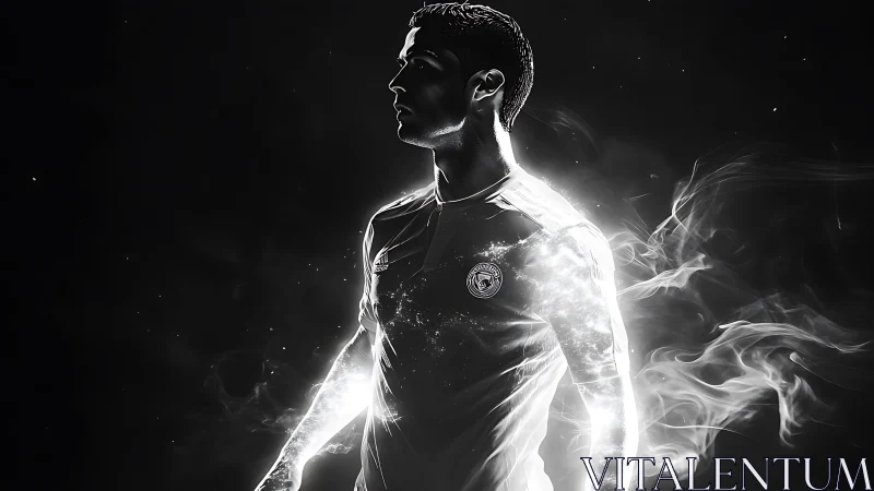 Glowing footballer silhouette radiates energy in smoke