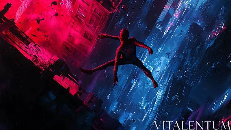 Masked superhero falling between red and blue cityscapes.