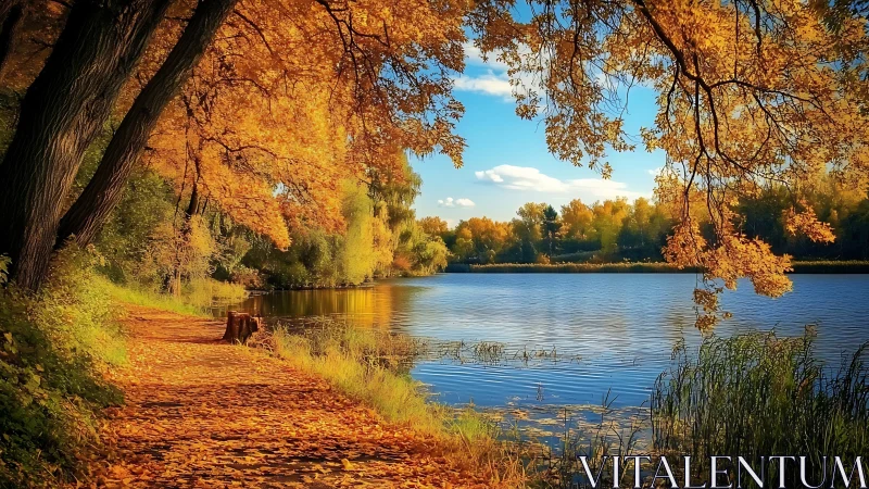 Riverside path under autumn foliage beside calm water.