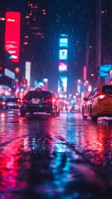 Neon-lit rainy city street with shallow depth and reflective bokeh