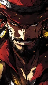 Scarred pirate captain glares forward in fiery shadows