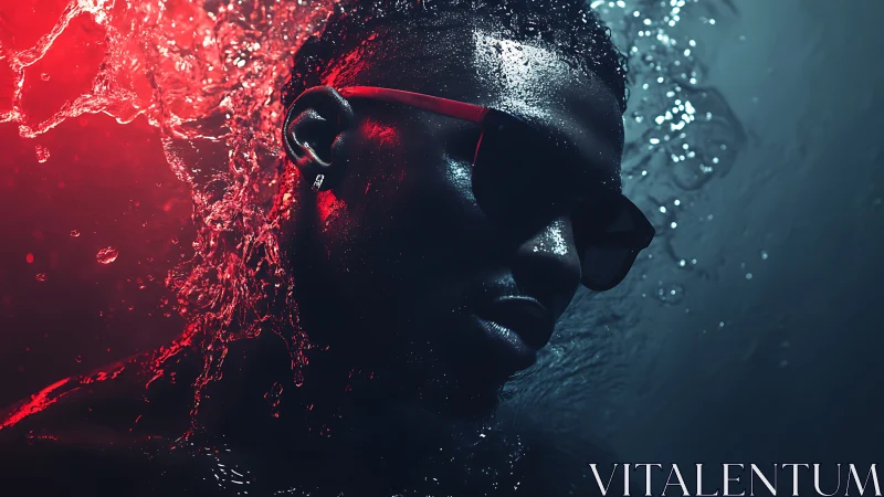 Portrait shows person in sunglasses emerging through water
