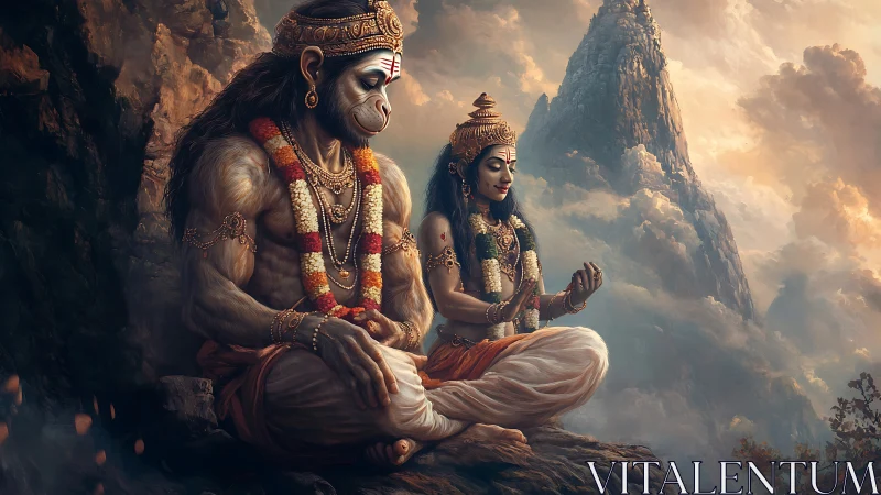 Hanuman and deity meditate together on a high mountain ledge