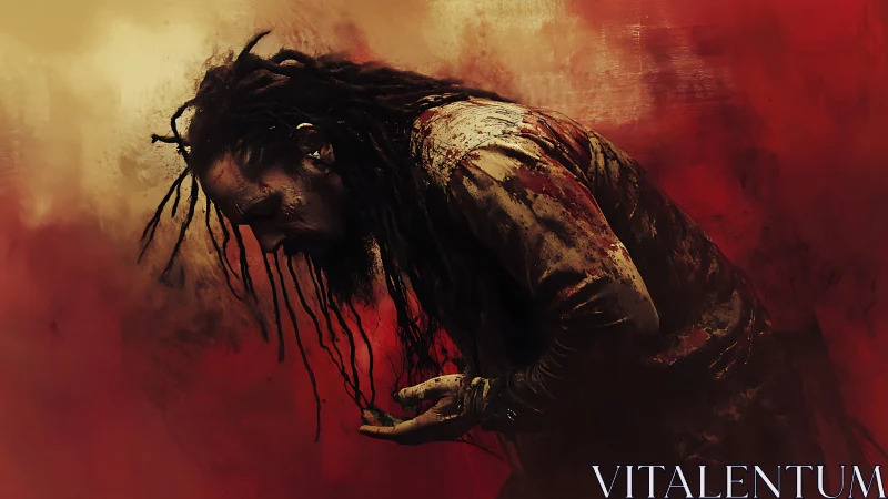 Digital painting of blood-soaked figure in anguished bowing pose.