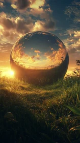 Sunset-swallowed mirror sphere quietly bends the horizon