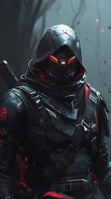 Armored sci fi assassin stands in misty forest environment