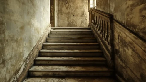 Timeworn stone staircase in moody, sepia interior light.