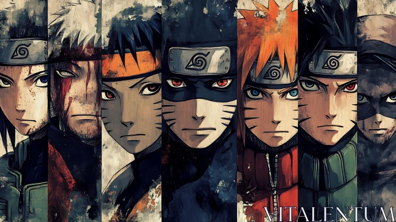 Vertically segmented anime portraits apply grunge texture compositing