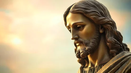 Serene bronze Christ statue profile against soft sky glow.