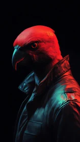 Neon-feathered hawk detective brooding in midnight leathers.