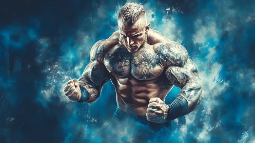 Tattooed muscular fighter framed by dynamic blue smoke.
