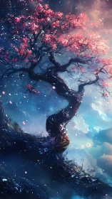 Twisting cherry tree under soft glowing twilight sky.