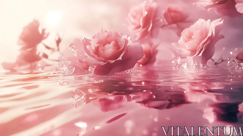 Pink roses positioned at water's edge with reflective surface.