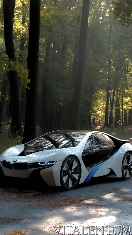 Futuristic BMW glides through sunlit forest silence gracefully.