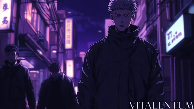 Stoic anime loner walks through neon city at night.