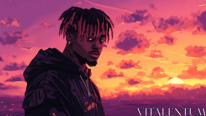 Moody portrait contrasts neon sunset sky and calm expression.