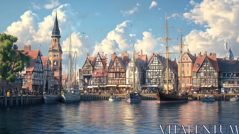 Sunlit harbor town welcomes tall ships and cozy markets