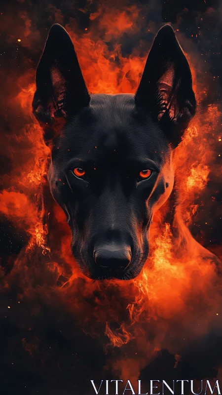 Fiery black hound emerges through blazing inferno haze
