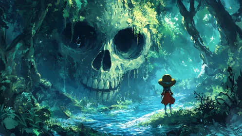 Child observes large skull-shaped structure within dense forest