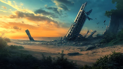 Collapsed concrete towers dominate desolate coastal sunset shore