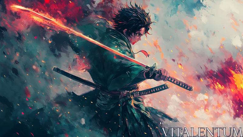 Dynamic samurai profile in fiery chromatic motion painting.