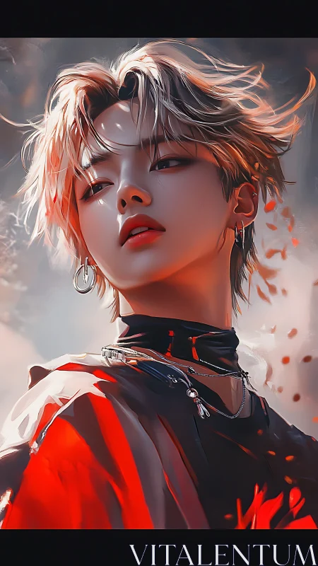 Stylized portrait of androgynous figure in red garment.