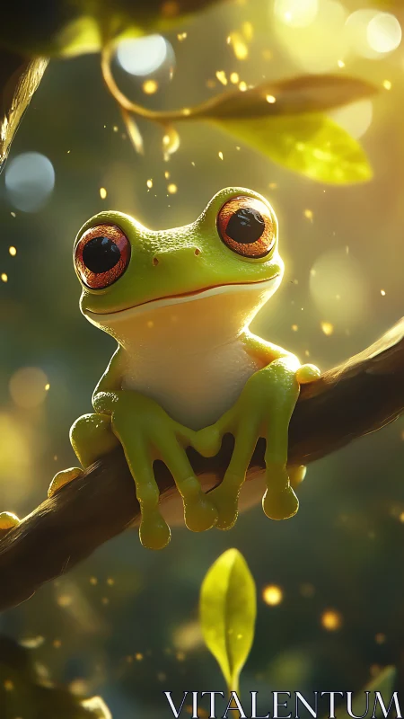 Tree frog sits on branch in backlit forest environment