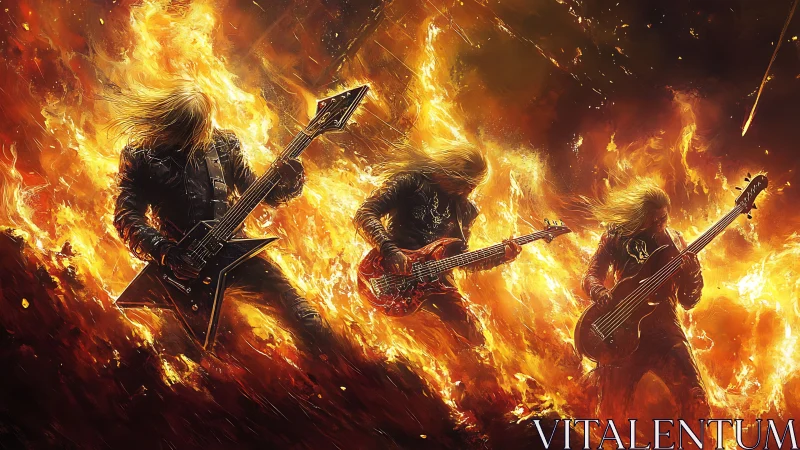 Heavy Metal Musicians Performing Amidst Inferno Blaze and Pyrotechnics.