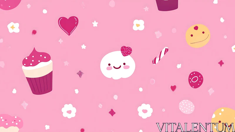 Whimsical Digital Illustration: Pastel Pink Composition with Anthropomorphic Characters.