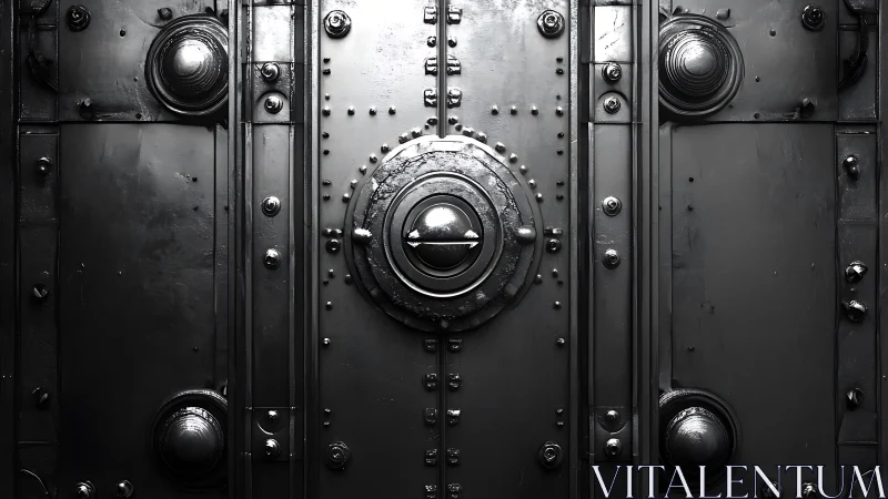 Symmetrical metal vault door with central circular mechanism.