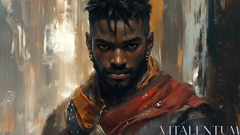 Warrior portrait shows intense gaze and worn crimson cloak