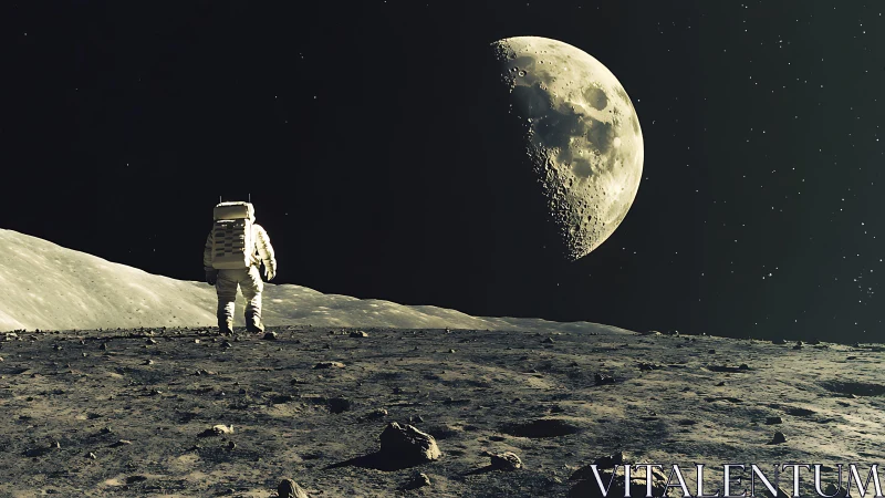 Solitude in lunar dust beneath a half-lit watching Earthmoon.