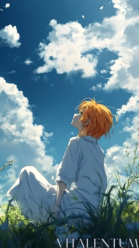 Person sitting in tall grass under scattered cumulus clouds.